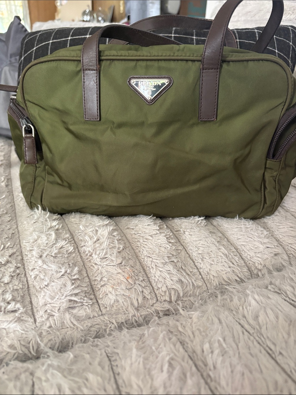 Prada Olive Green Nylon Toiletry Bag with Brown Leather Trim